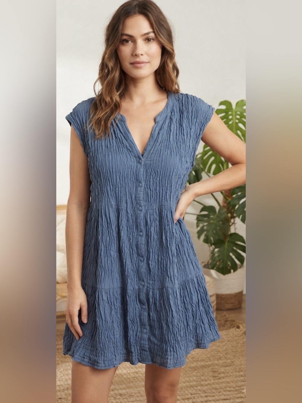 Becaul Blue Crinkle Gauze Tiered Button Front Dress - Size S